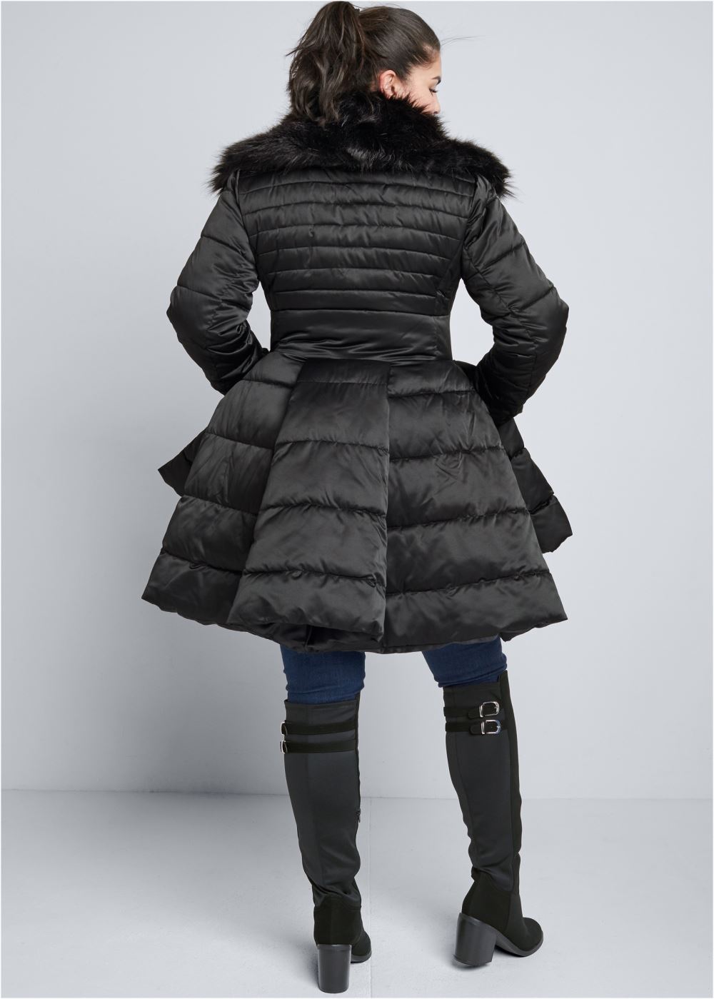 Venus Peplum Puffer Coat in Black