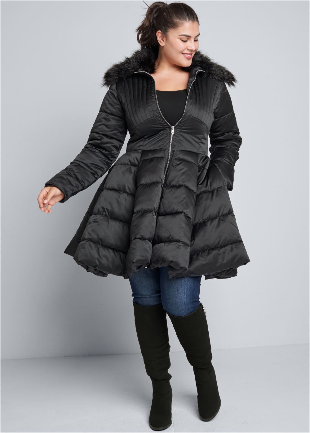 Venus Peplum Puffer Coat in Black
