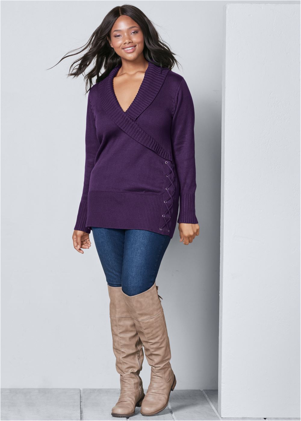 Venus Plus Size Side Lace-Up Sweater in Dark Purple