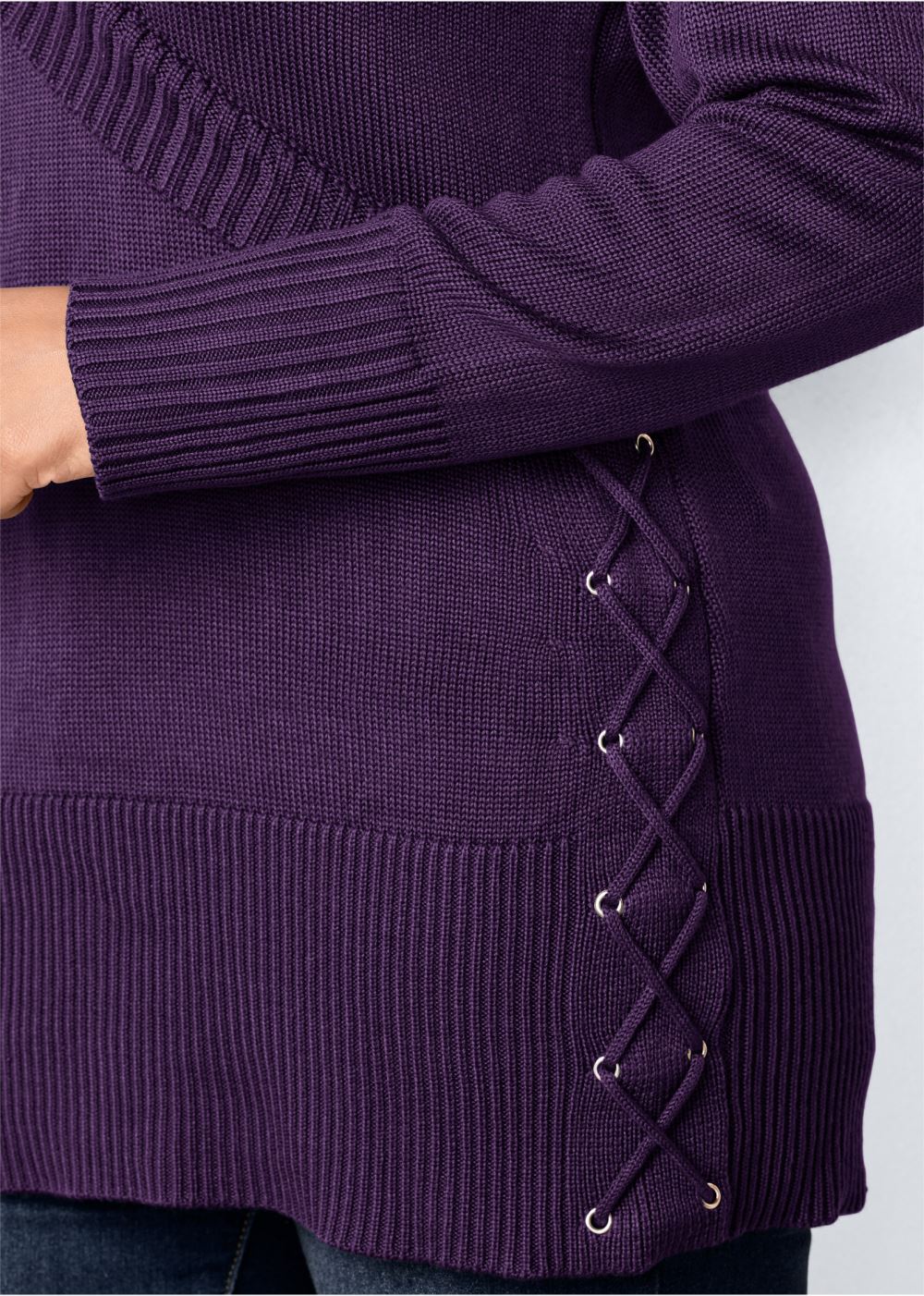 Venus Plus Size Side Lace-Up Sweater in Dark Purple