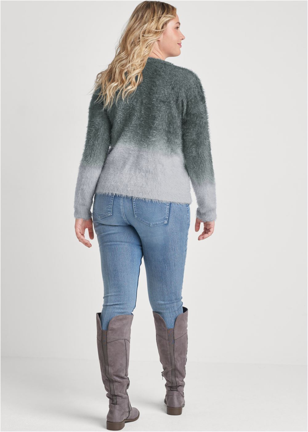 Venus Plus Size Cozy Pearl Trim Sweater in Grey Multi