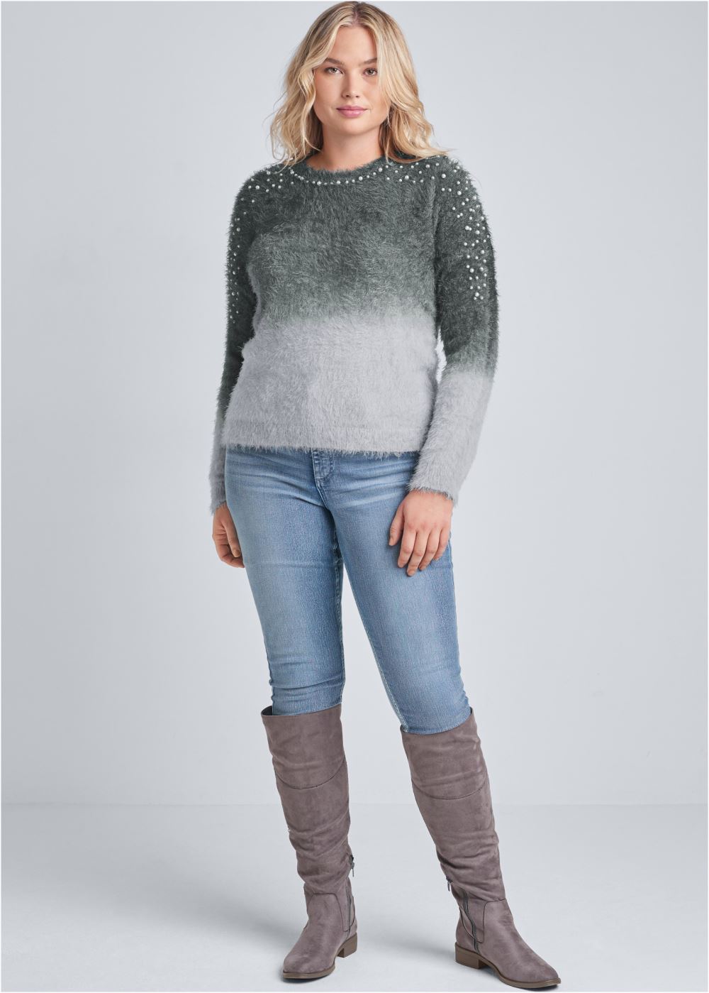 Venus Plus Size Cozy Pearl Trim Sweater in Grey Multi