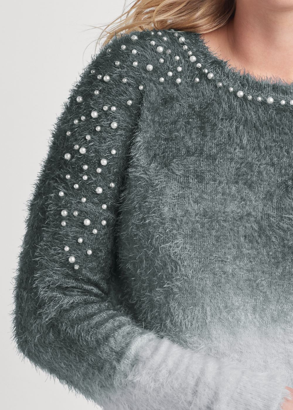 Venus Plus Size Cozy Pearl Trim Sweater in Grey Multi