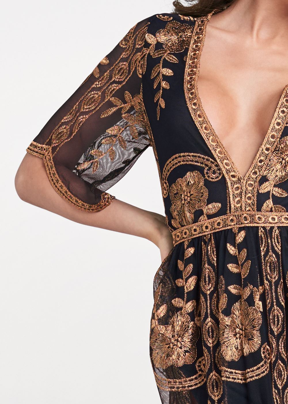 Venus Plus Size Metallic Embroidered Romper in Black & Gold