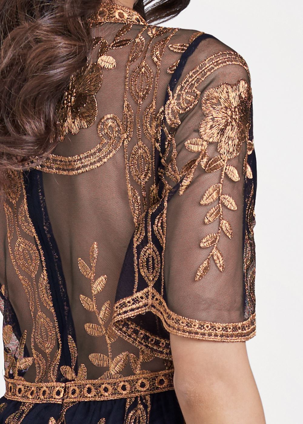 Venus Plus Size Metallic Embroidered Romper in Black & Gold