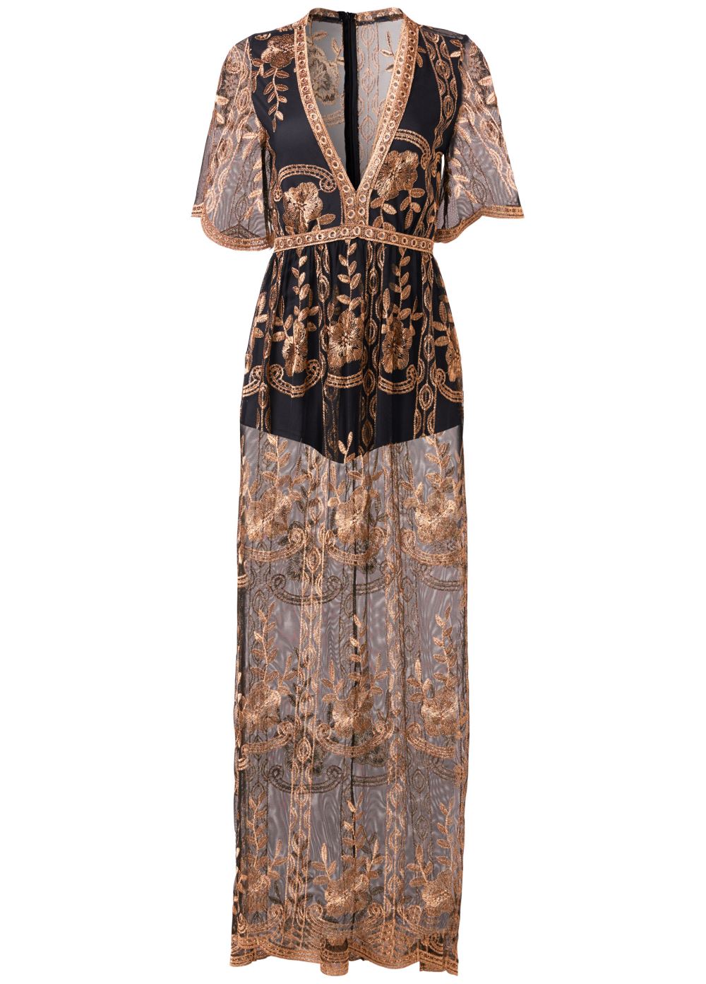 Venus Plus Size Metallic Embroidered Romper in Black & Gold