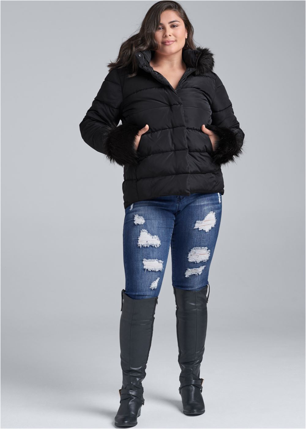 Venus Faux-Fur Trim Puffer Coat in Black