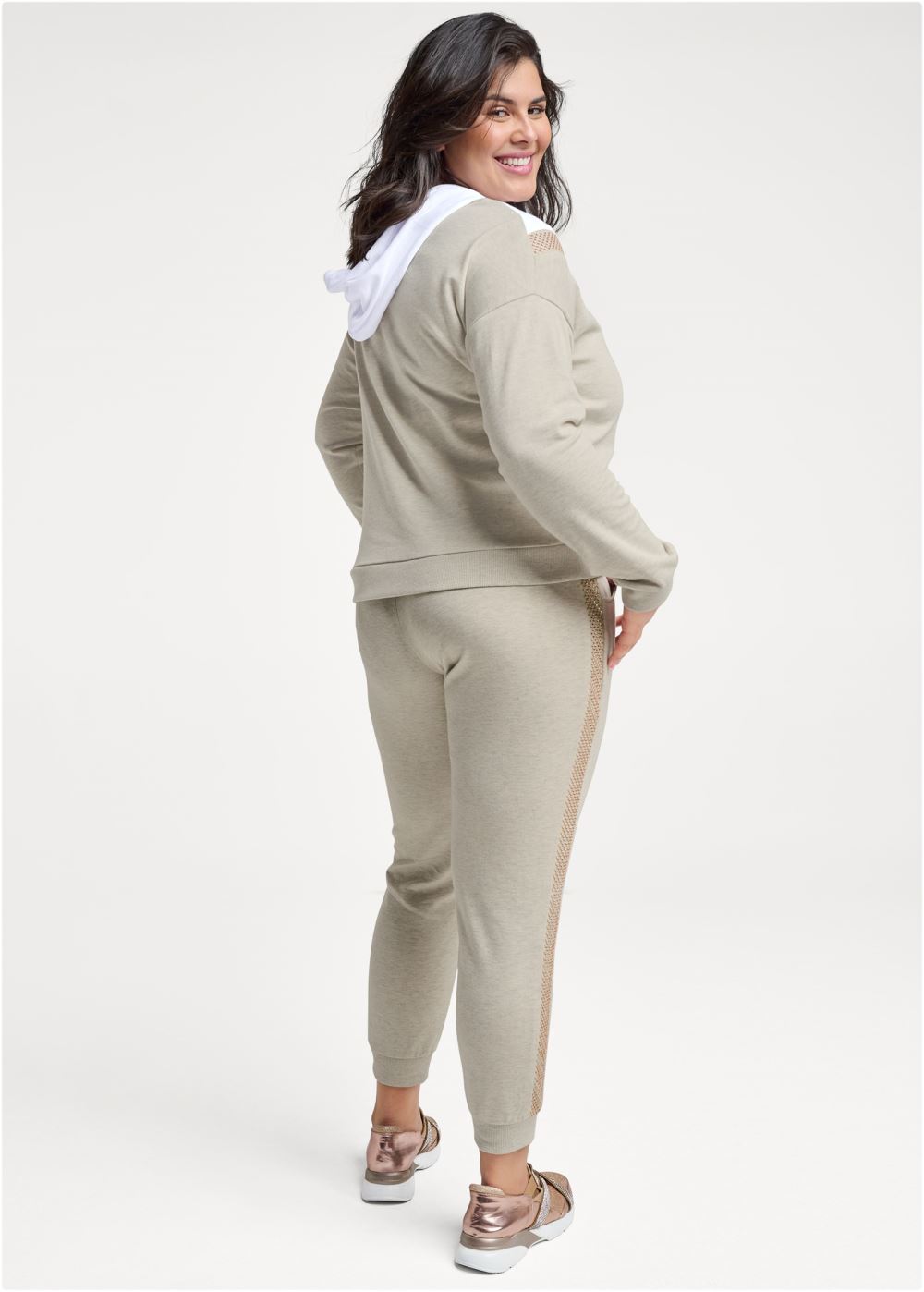 Venus Plus Size Sequin Stripe Pant Set in Heathered Oatmeal