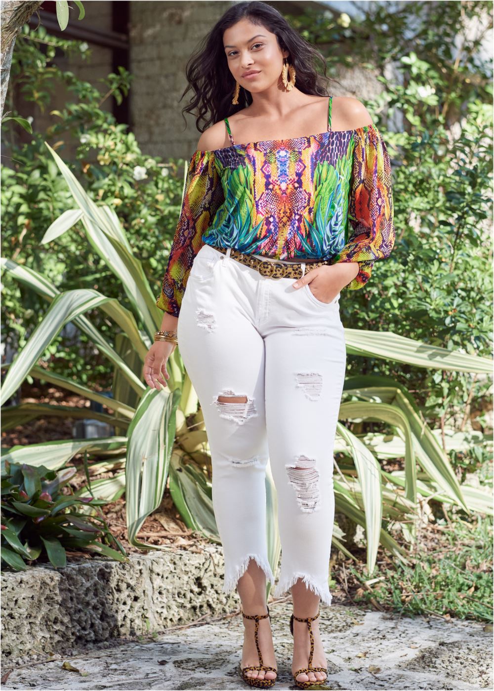 Venus Plus Size Printed Cold-Shoulder Top