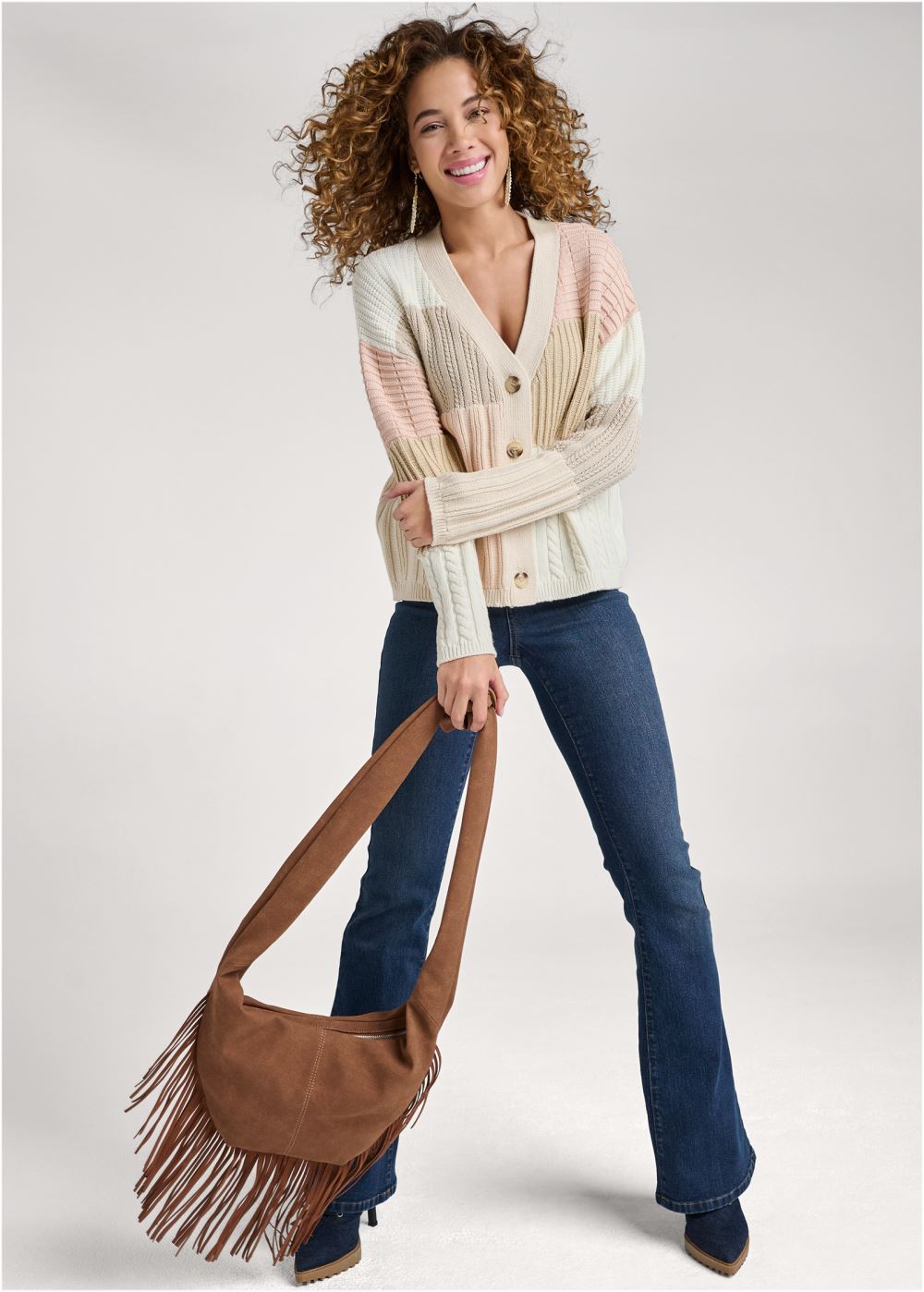 Venus Cream Multi Patchwork Cable Knit Cardigan