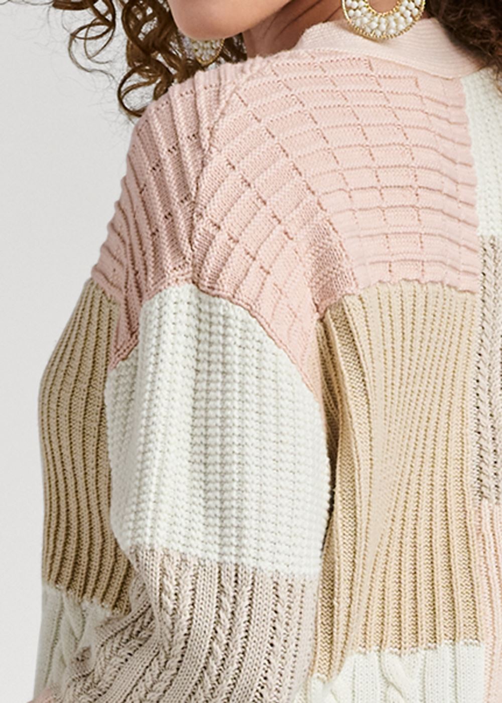 Venus Cream Multi Patchwork Cable Knit Cardigan