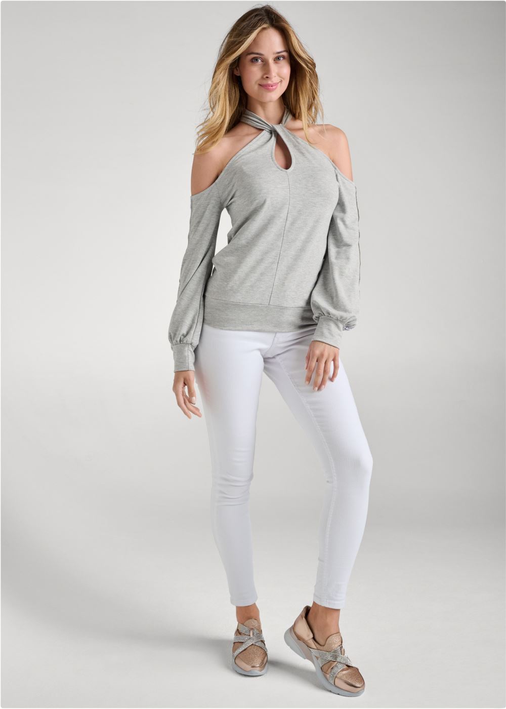 Venus Plus Size Keyhole Embellished Top in Heather Grey