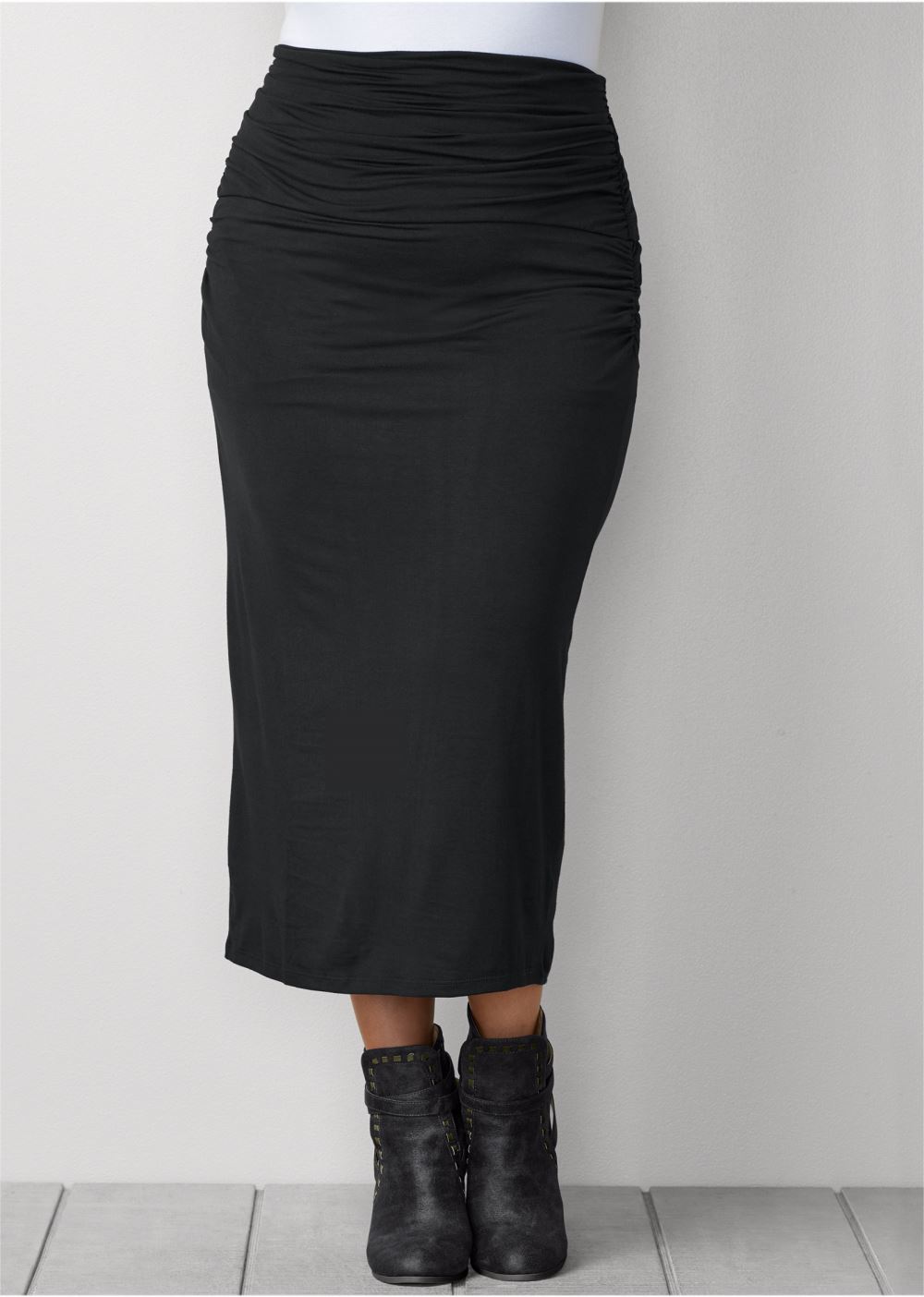 Venus Plus Size Gathered Waist Long Skirt - Black