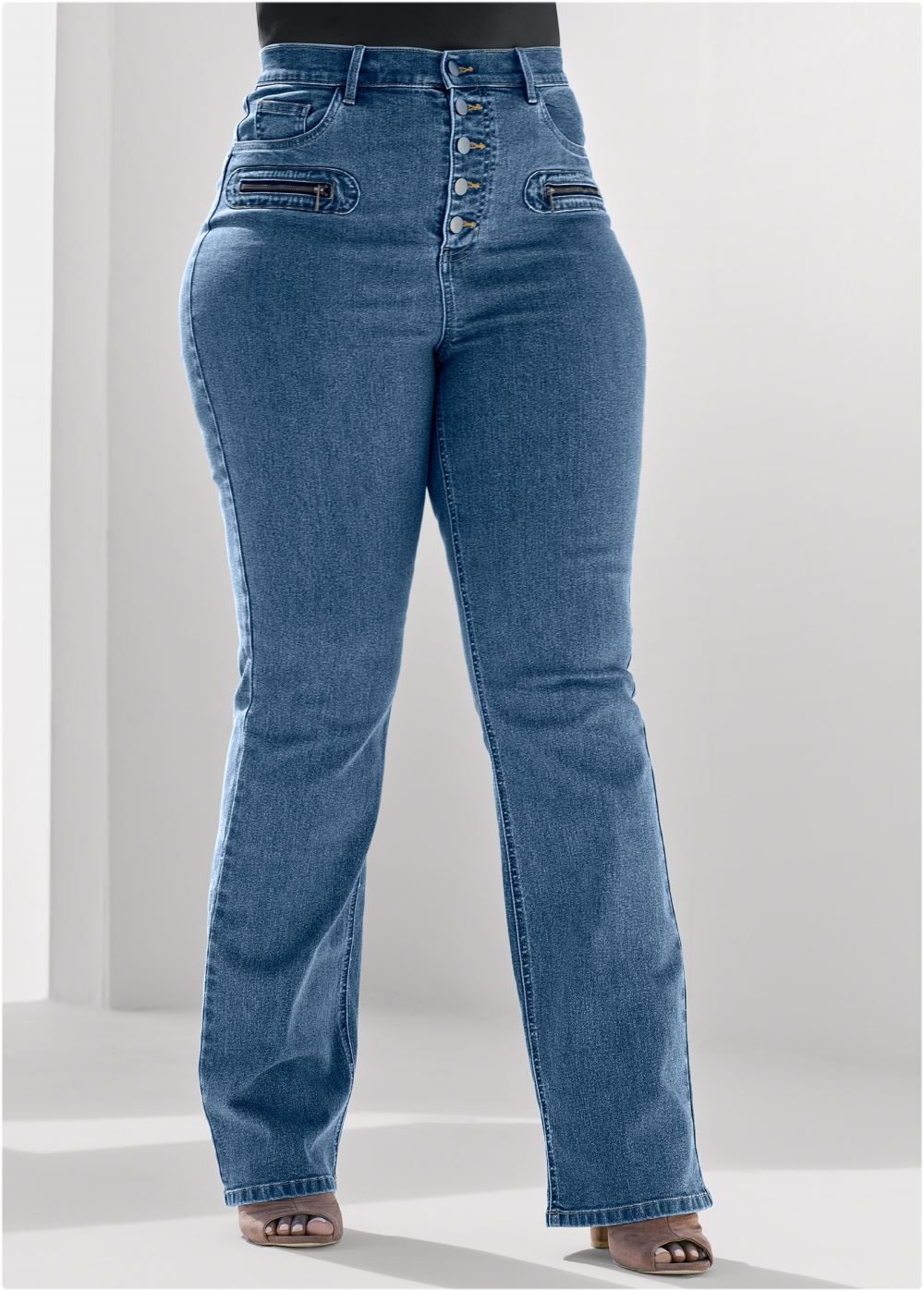 Venus Plus Size Button Fly Relaxed Leg Jeans in Medium Wash