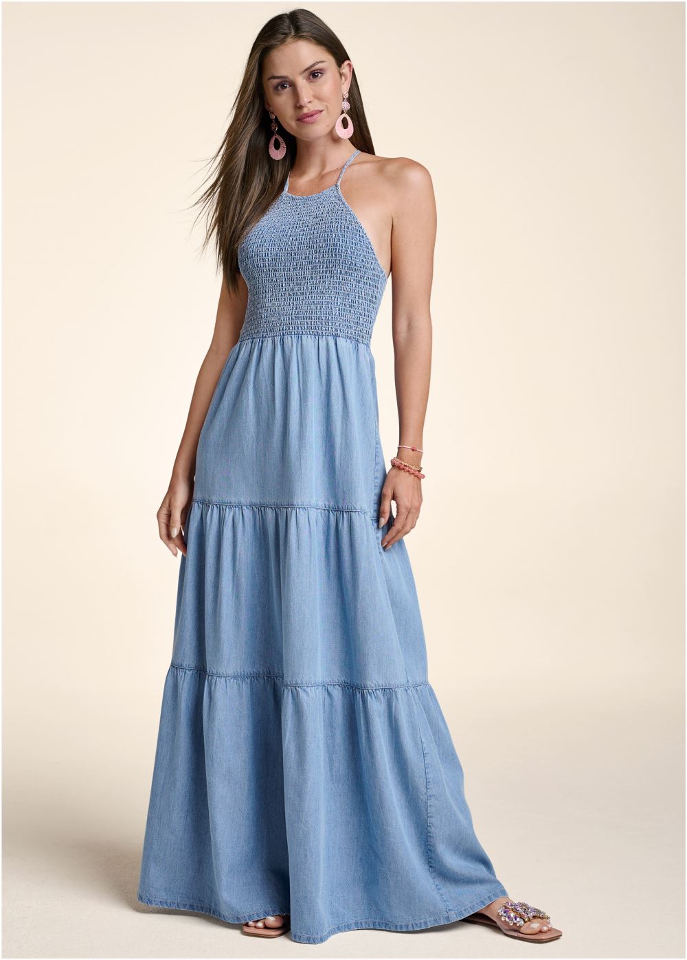 Venus Plus Size Smocked Chambray Dress