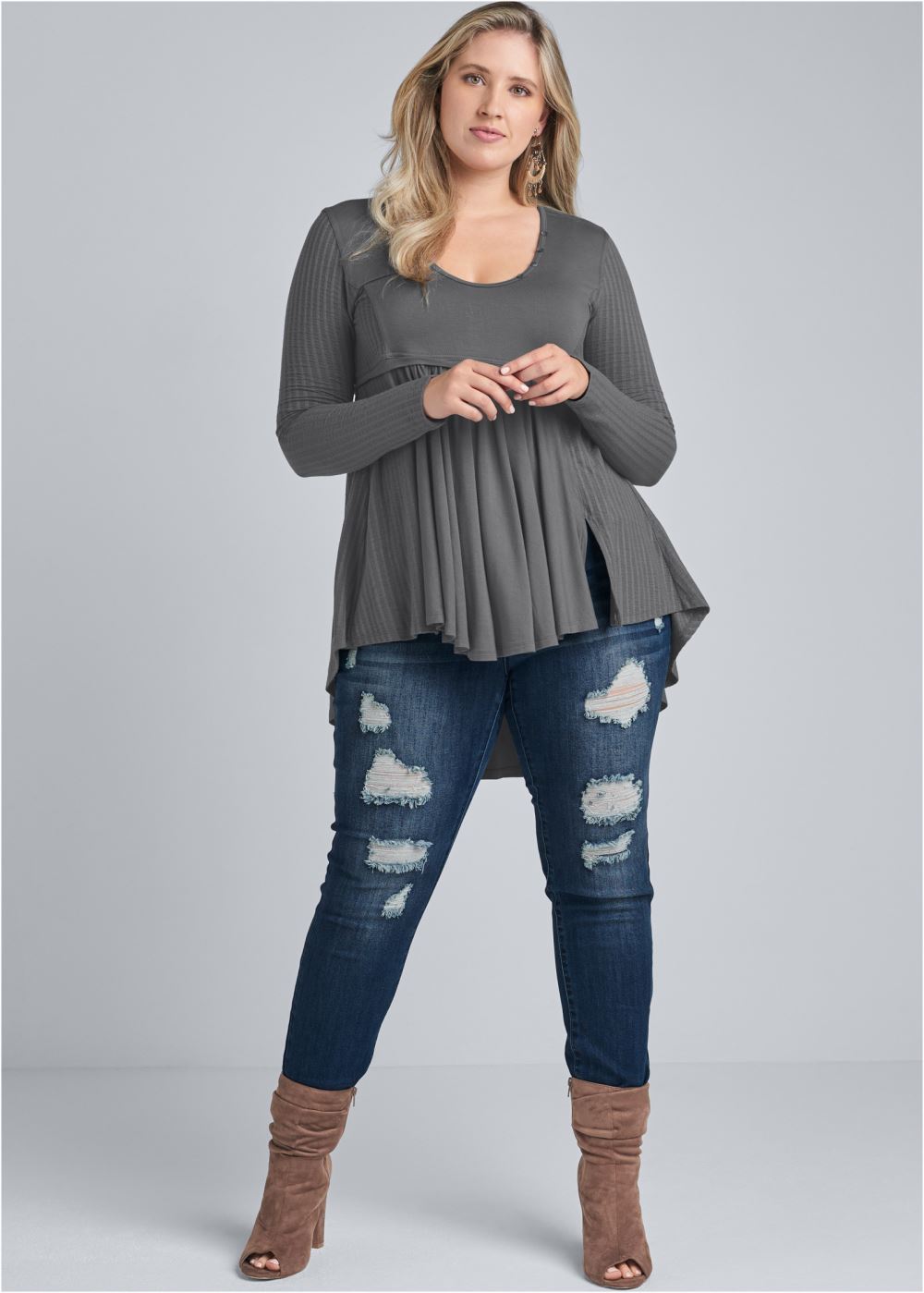 Venus Dark Grey High-low ribbed casual top
