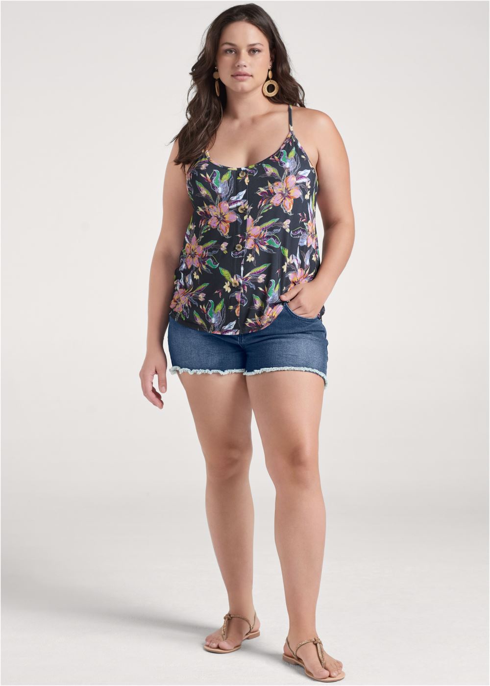 Venus Plus Size Button Detail Floral Tank
