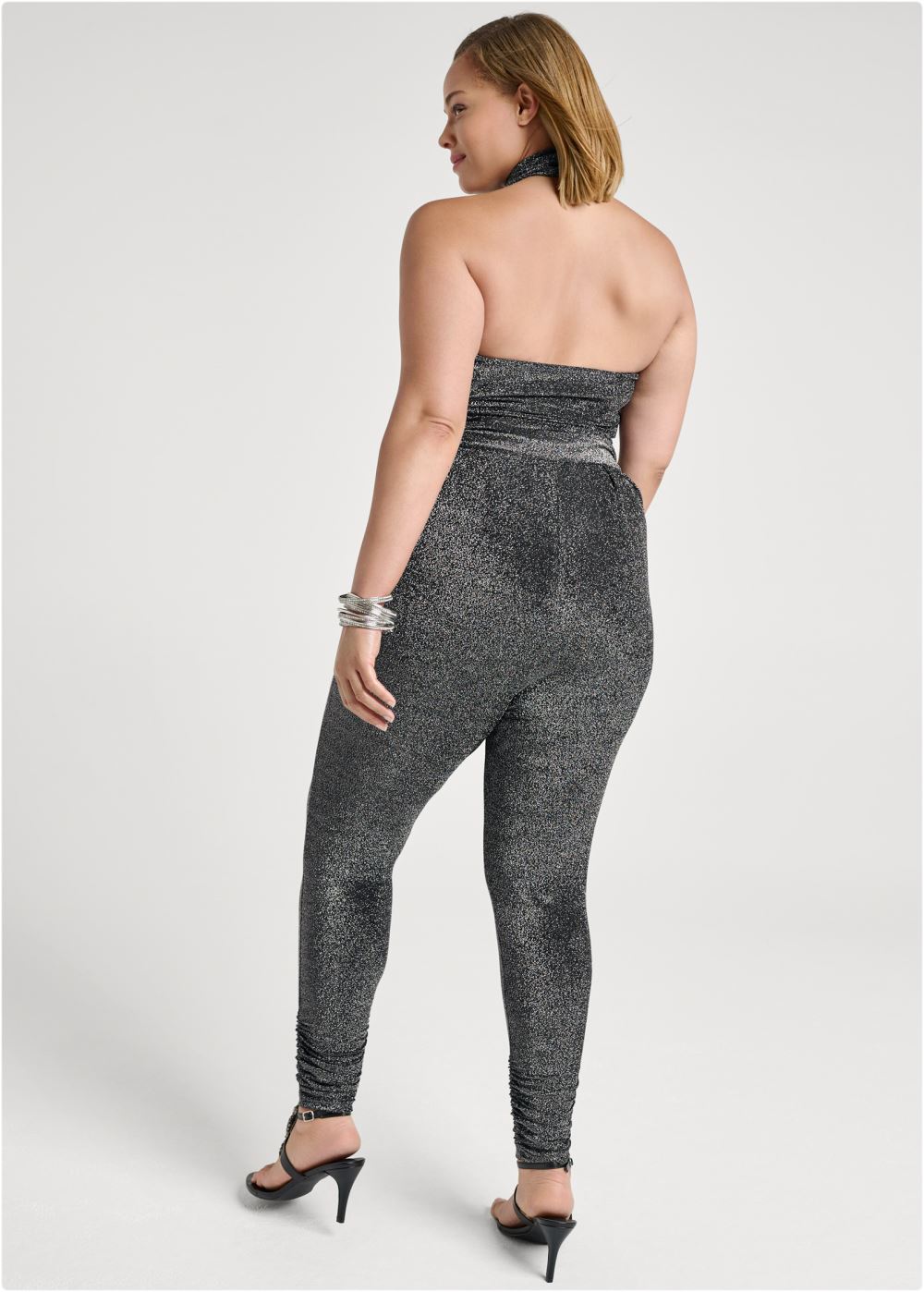 Venus Plus Size Cross-Neck Sparkle Jumpsuit in Silver