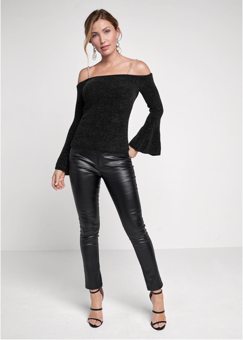 Venus Plus Size Off-The-Shoulder Pearl Strap Chenille Sweater in Black