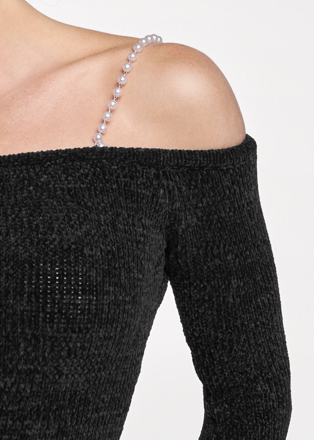 Venus Plus Size Off-The-Shoulder Pearl Strap Chenille Sweater in Black