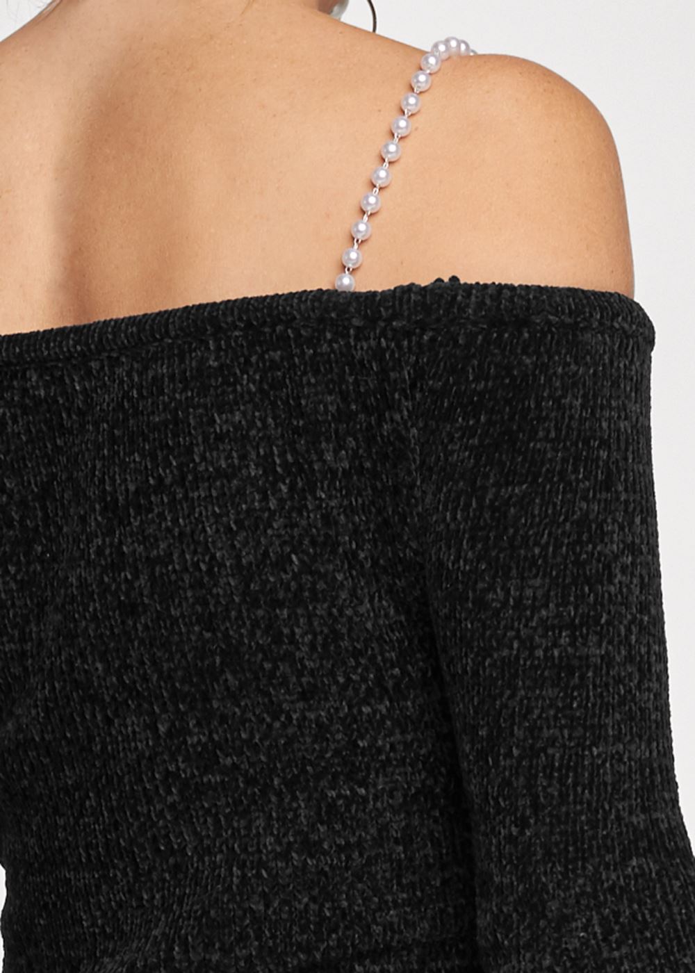 Venus Plus Size Off-The-Shoulder Pearl Strap Chenille Sweater in Black