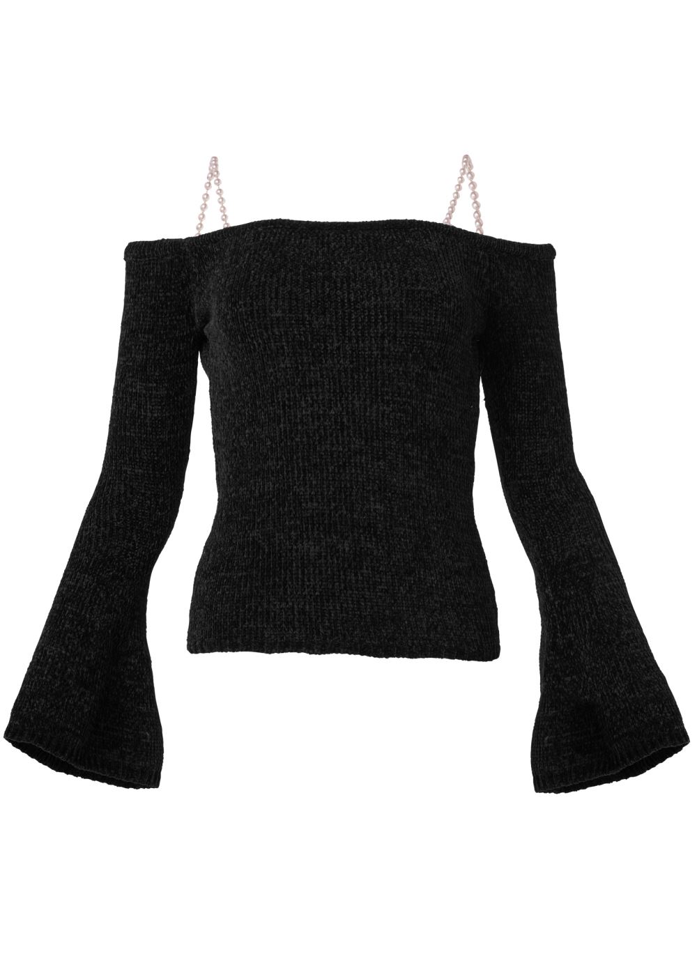 Venus Plus Size Off-The-Shoulder Pearl Strap Chenille Sweater in Black