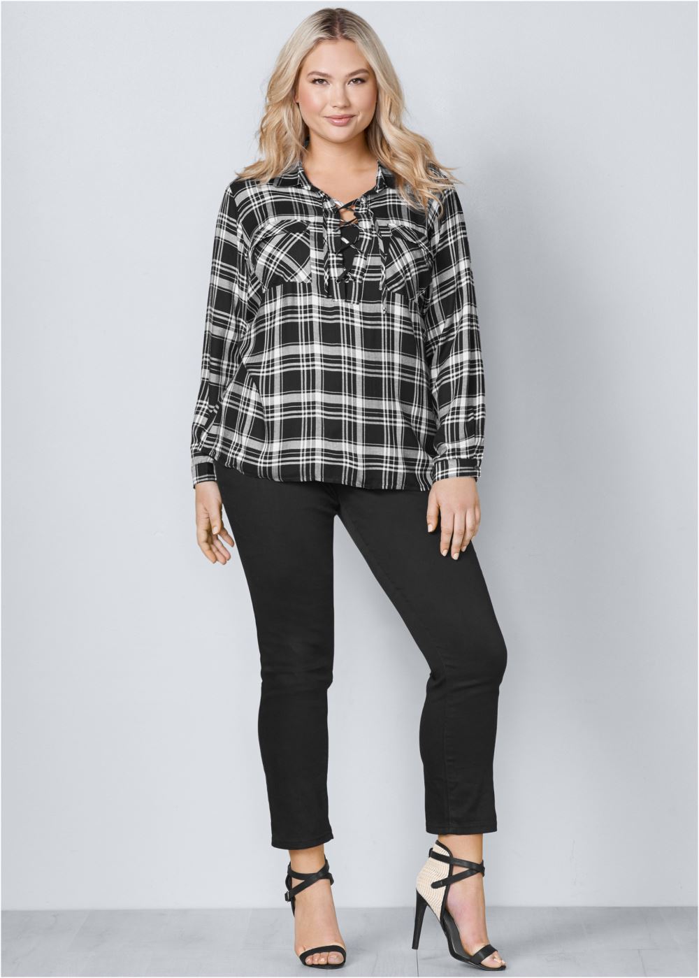 Venus Plus Size Plaid Lace-Up Top