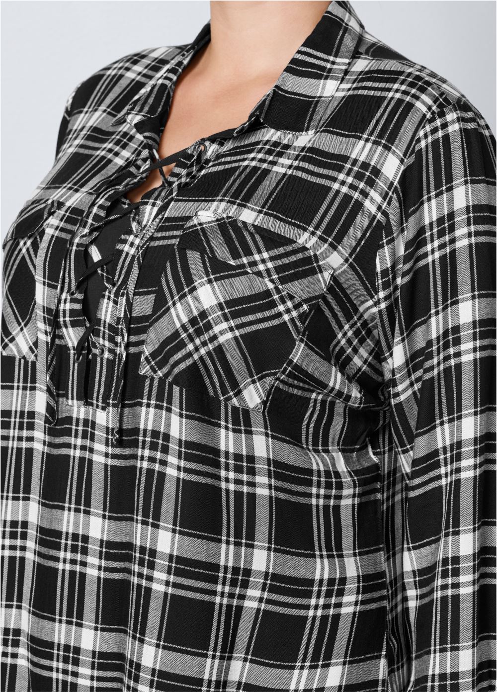 Venus Plus Size Plaid Lace-Up Top