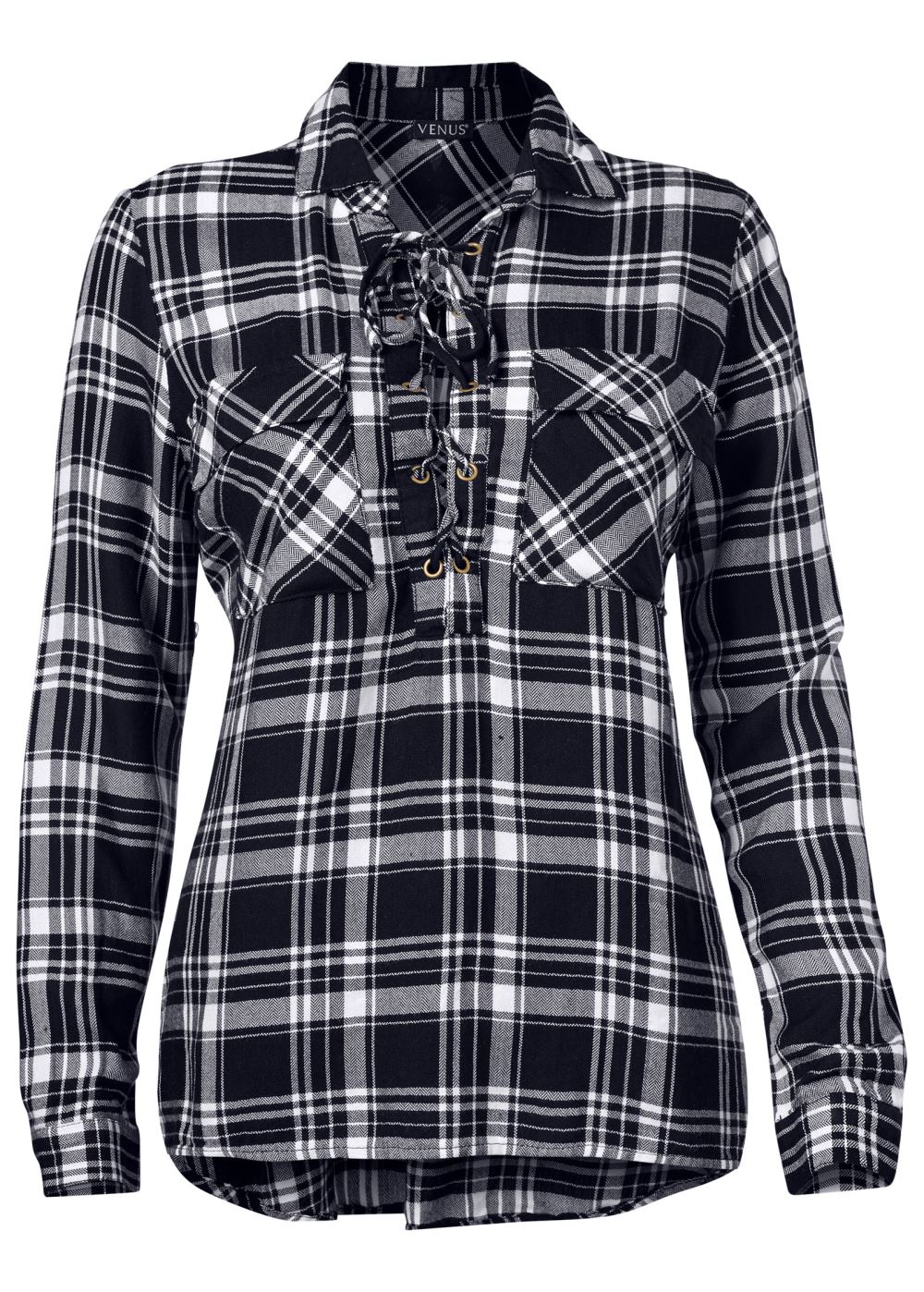 Venus Plus Size Plaid Lace-Up Top