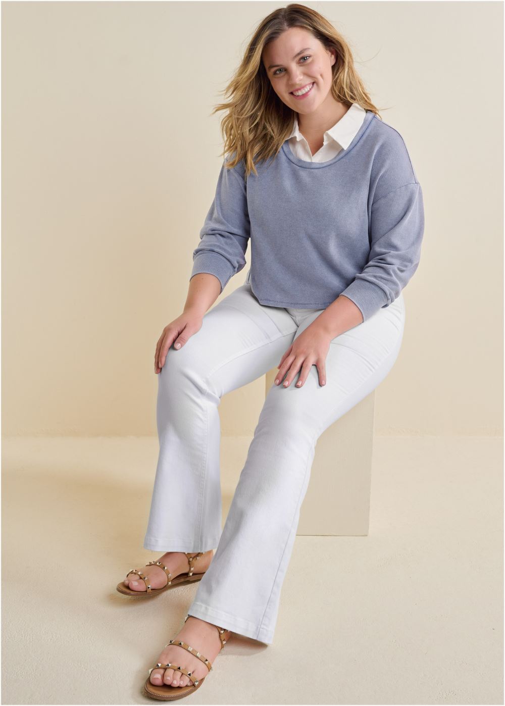 Venus Plus Size Washed Collared Lounge Top in Dark Blue
