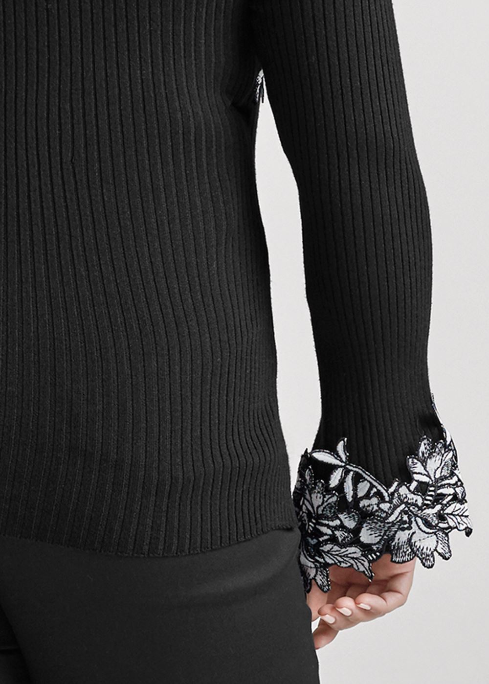 Venus Plus Size Floral Applique Sweater in Black & White