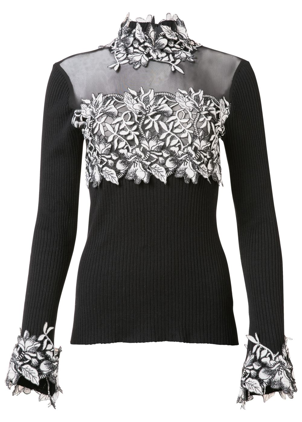 Venus Plus Size Floral Applique Sweater in Black & White