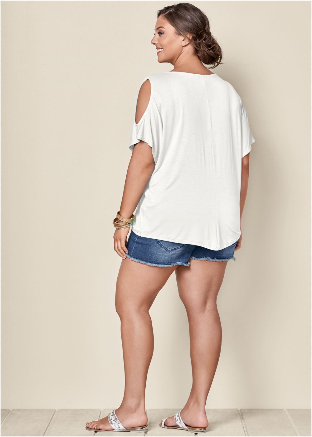 Venus Plus Size Cold-Shoulder V-Neck Top in White