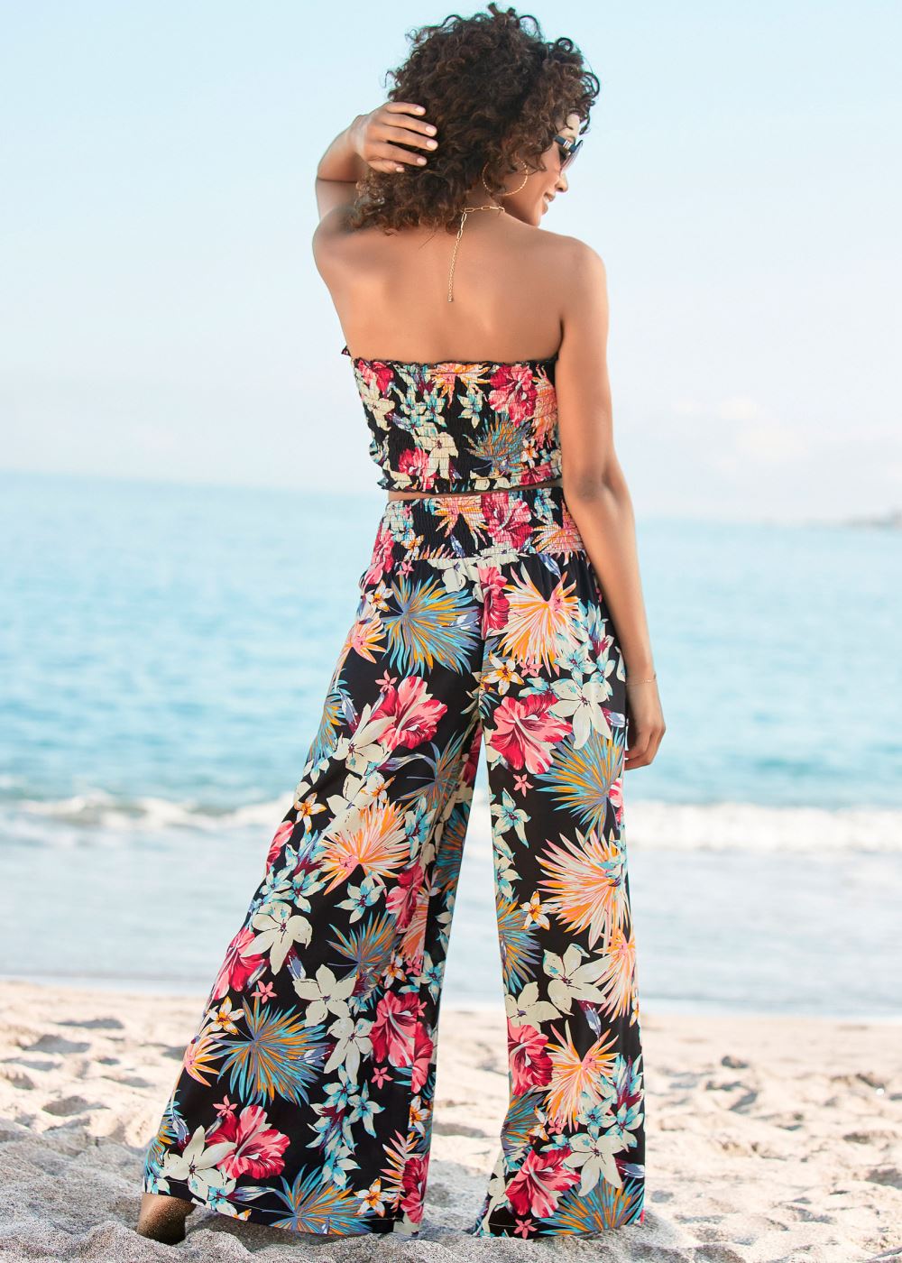 Venus Plus Size Smocked Waist Flared Pants in Black Multi