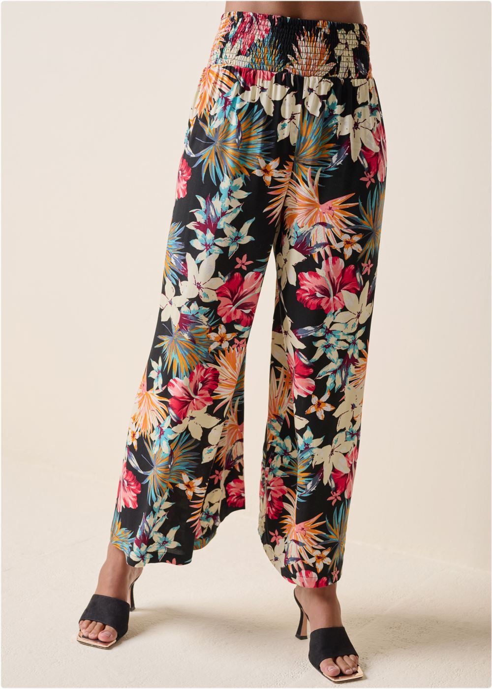Venus Plus Size Smocked Waist Flared Pants in Black Multi