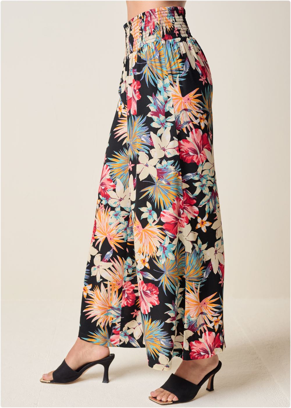 Venus Plus Size Smocked Waist Flared Pants in Black Multi