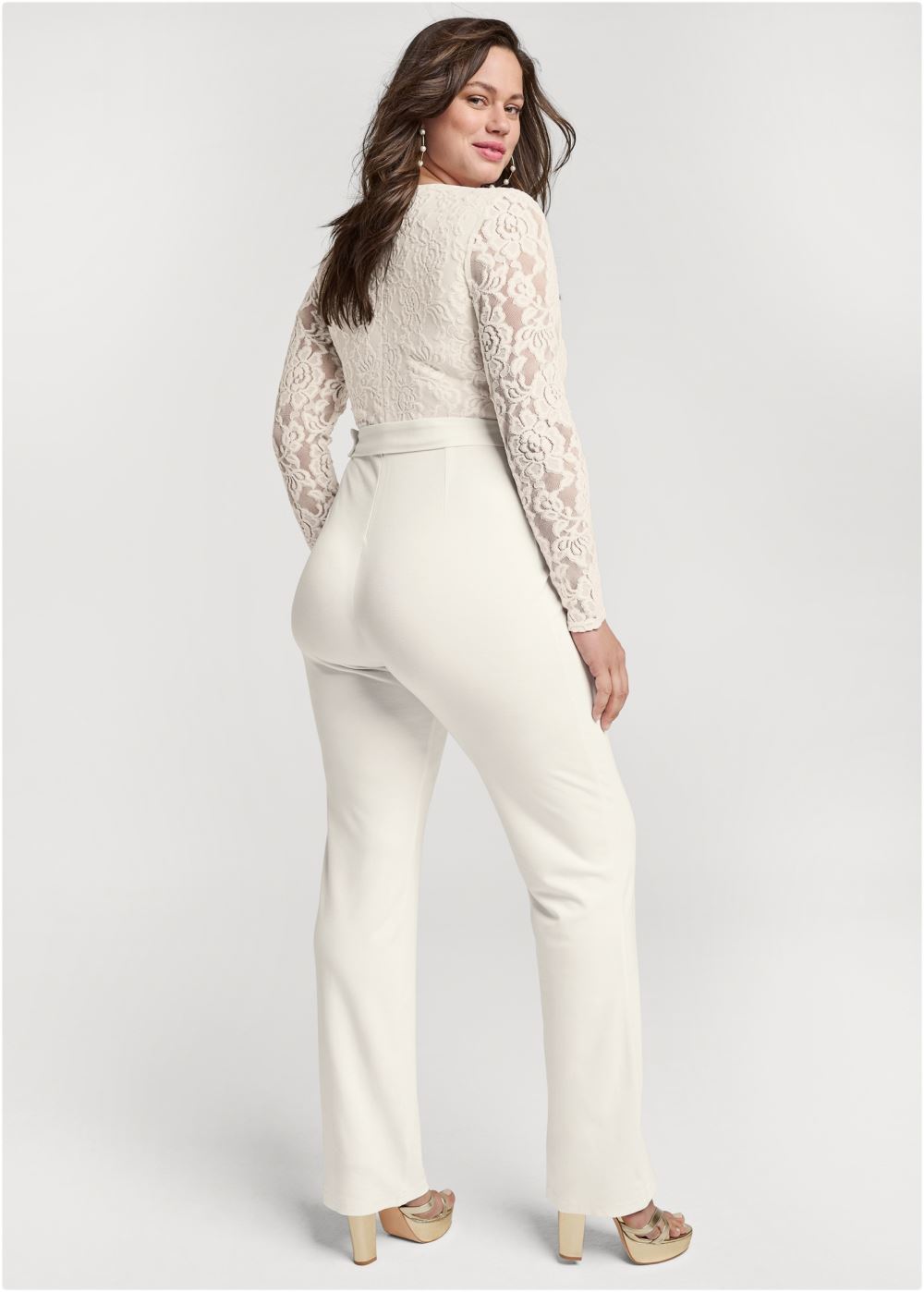 Venus Plus Size Lace V-Neck Belted Jumpsuit in White