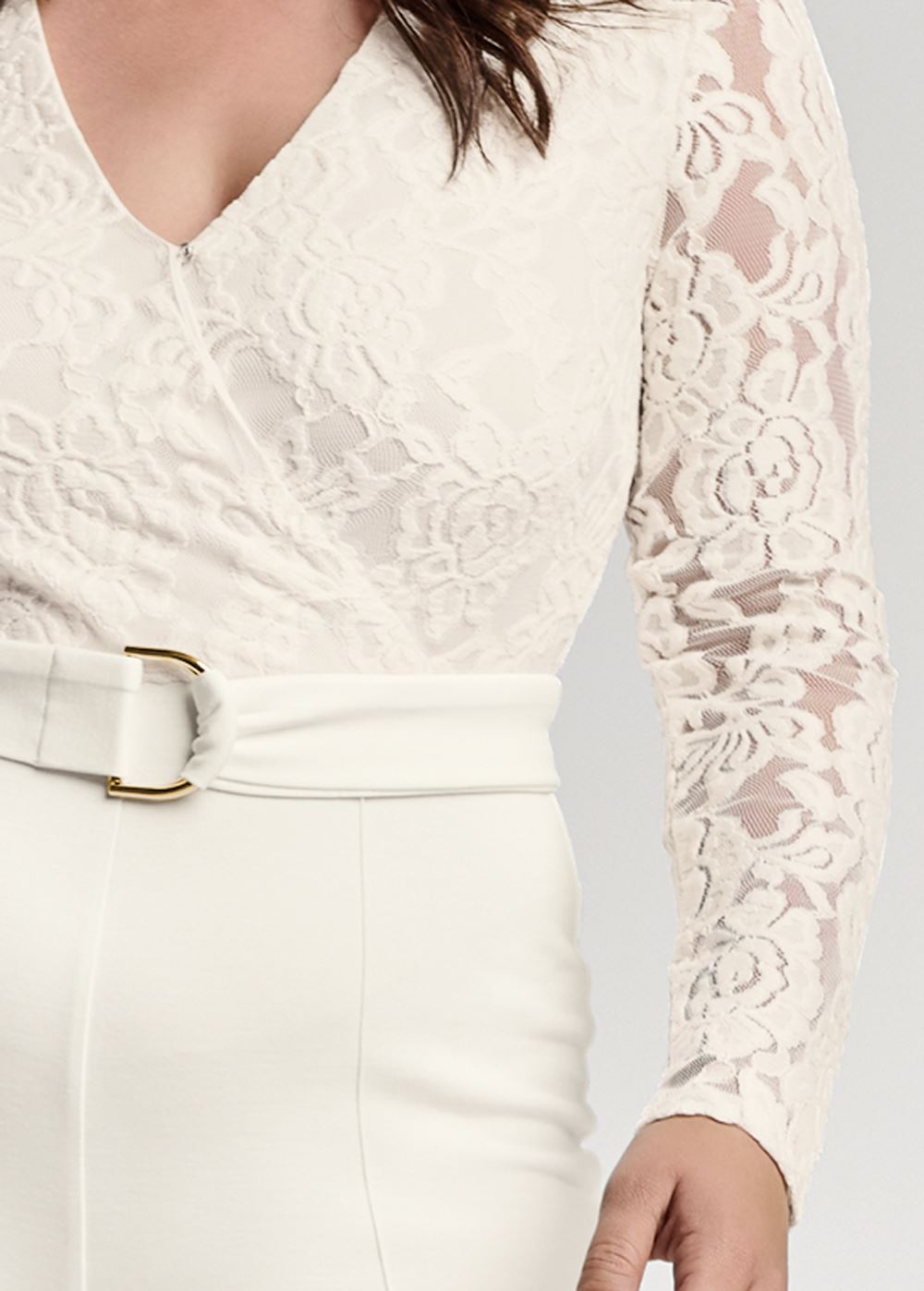 Venus Plus Size Lace V-Neck Belted Jumpsuit in White