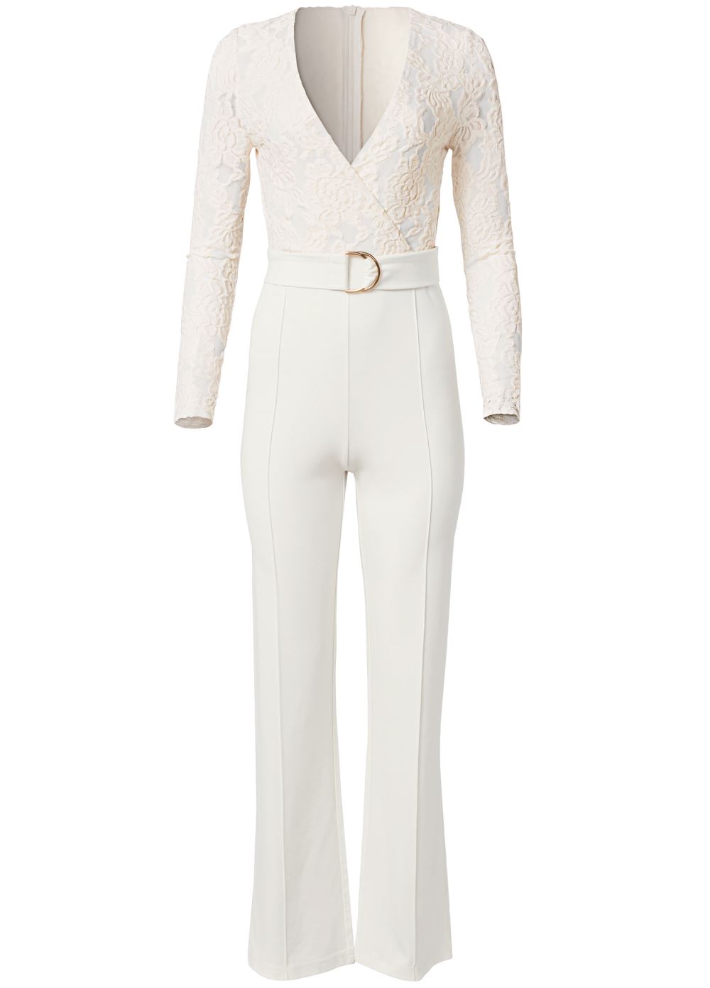 Venus Plus Size Lace V-Neck Belted Jumpsuit in White