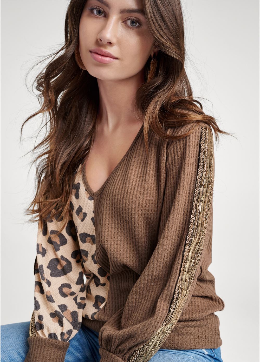 Venus Plus Size Sequin Printed Waffle Knit Top