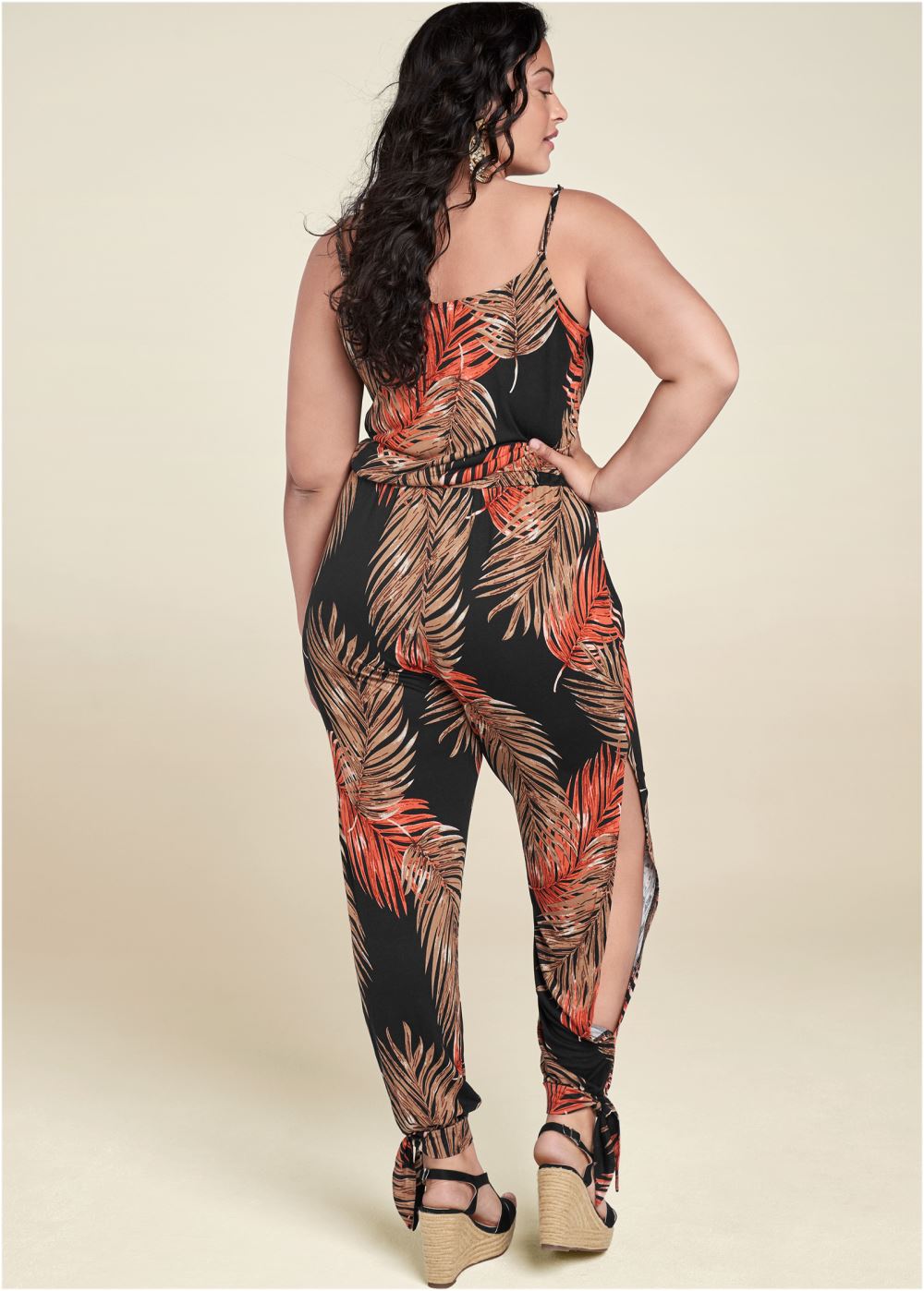 Venus Plus Size Slit Detail Jumpsuit in Black Multi