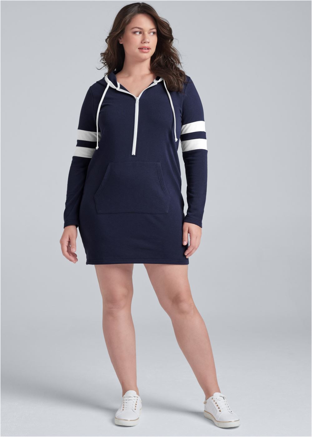 Venus Plus Size Striped Zipper Front Dress in Navy & White