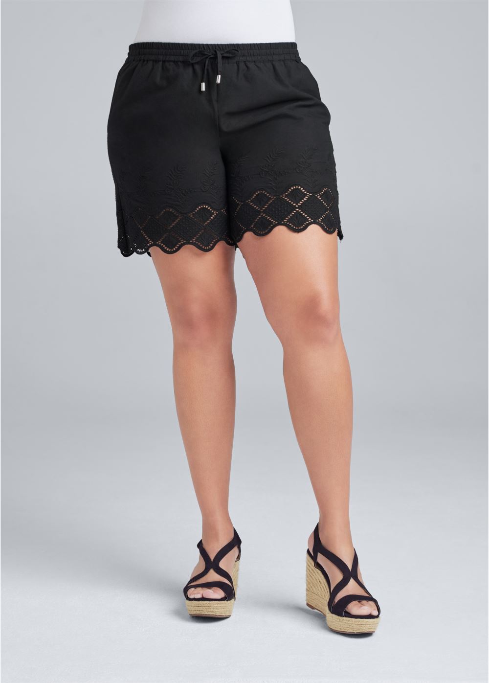 Venus Plus Size Crochet Trim Linen Shorts - Black