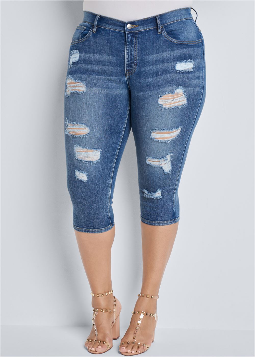 Venus Plus Size Ripped Capri Jeans in Medium Wash