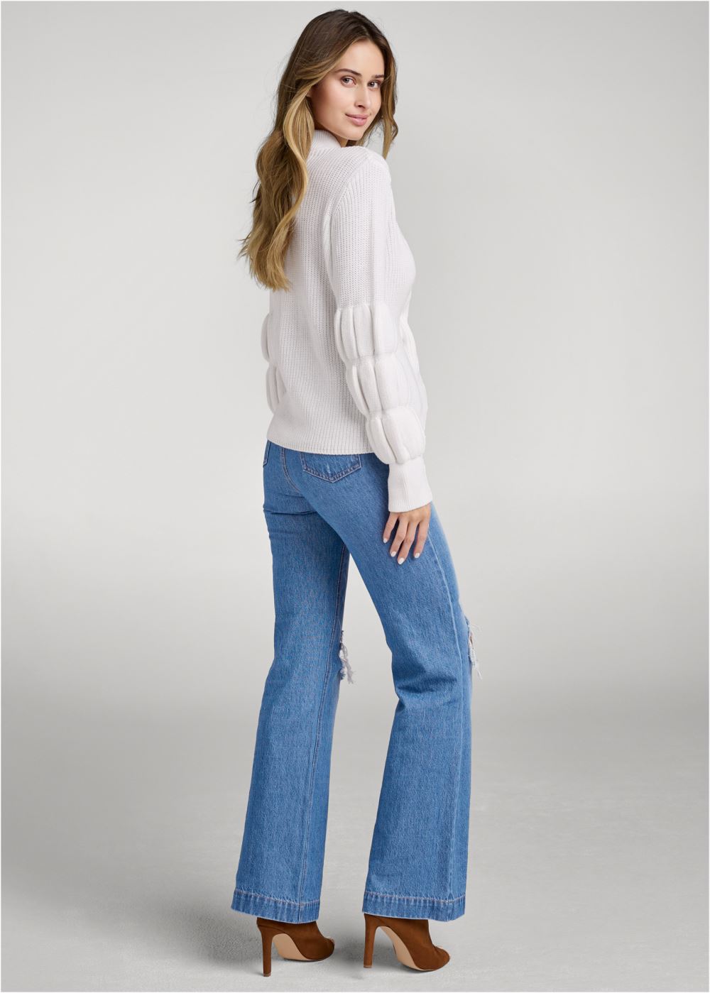 Venus Plus Size Keyhole Tiered Sleeve Sweater in White