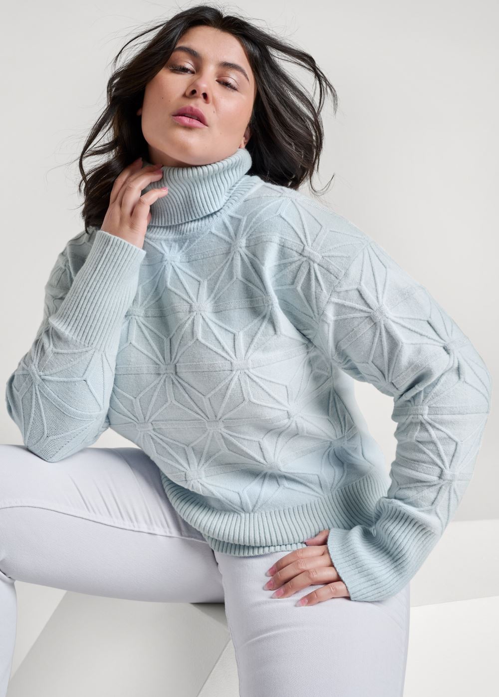 Venus Plus Size Diamond Cable Turtleneck Sweater in Light Blue
