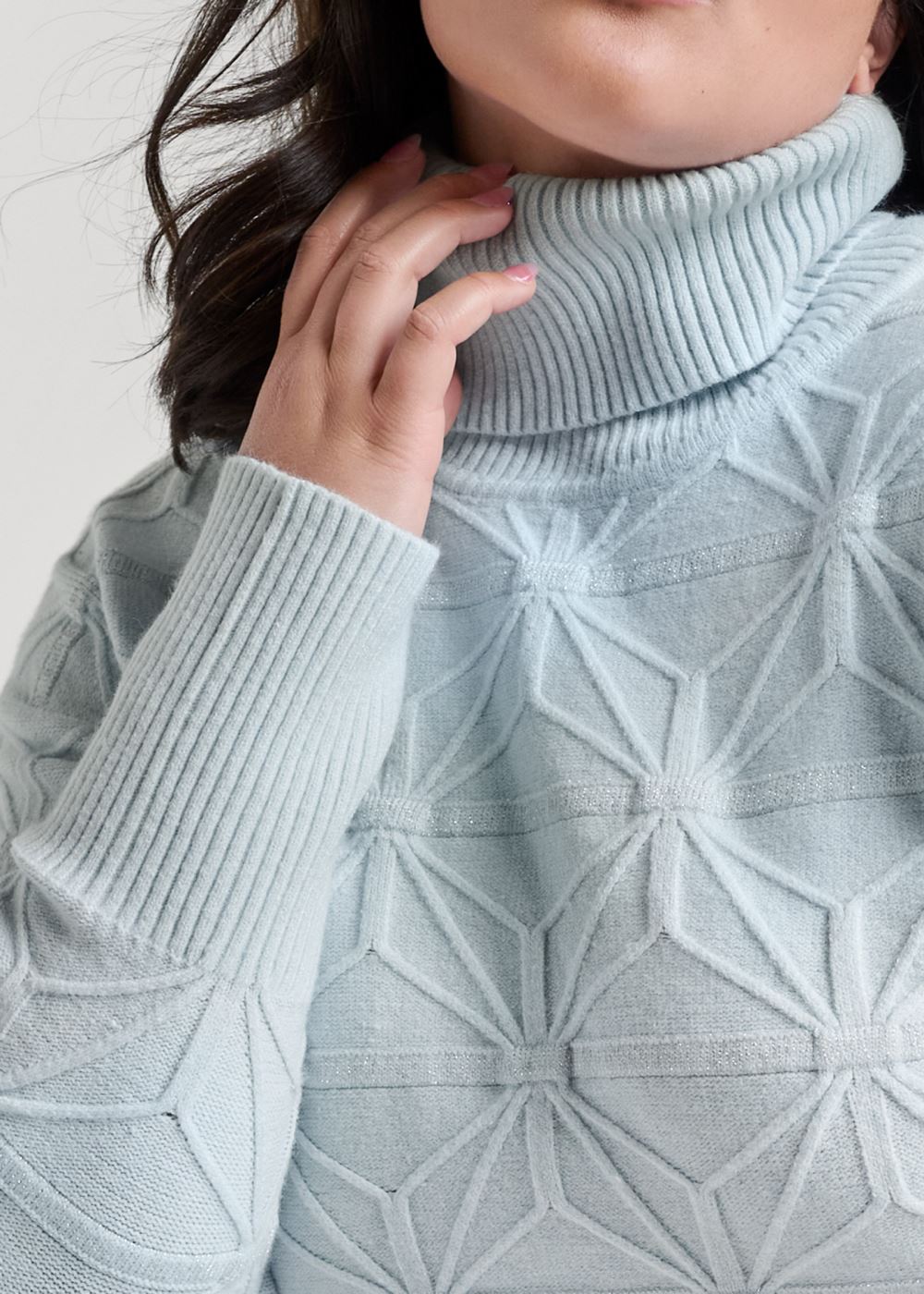 Venus Plus Size Diamond Cable Turtleneck Sweater in Light Blue
