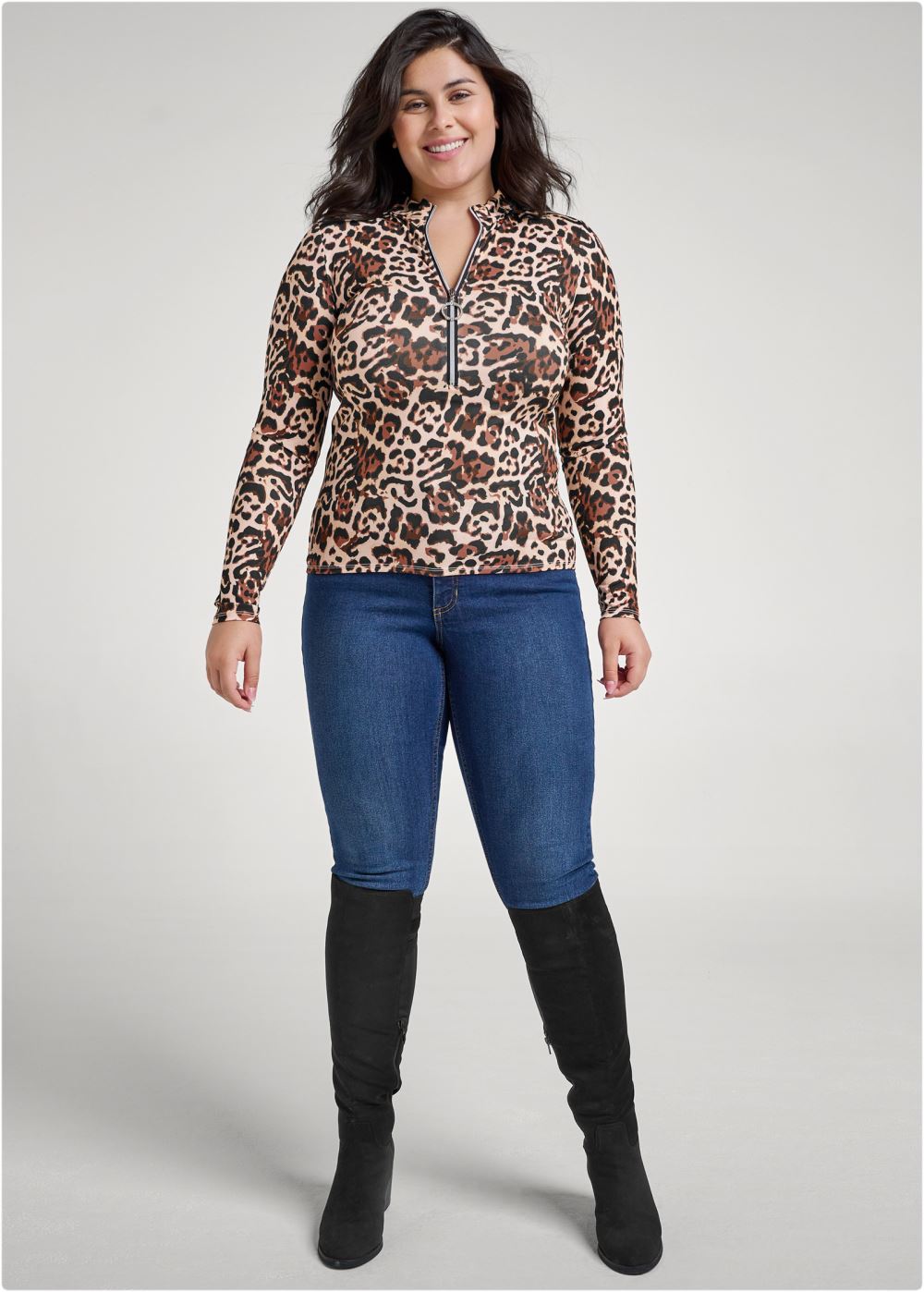 Venus Plus Size Animal Print Half Zip Top
