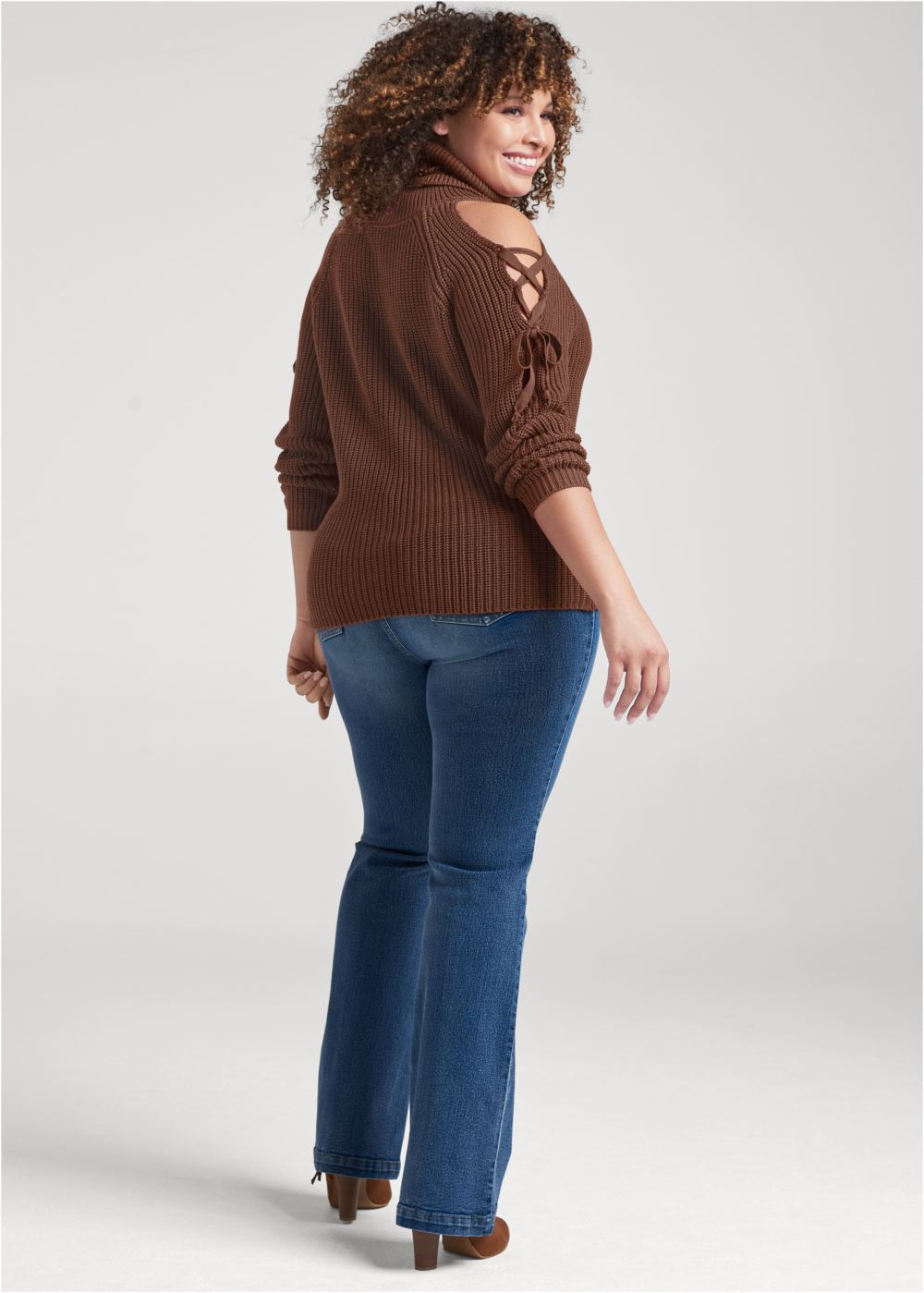 Venus Plus Size Cold Shoulder Turtleneck Sweater in Brown