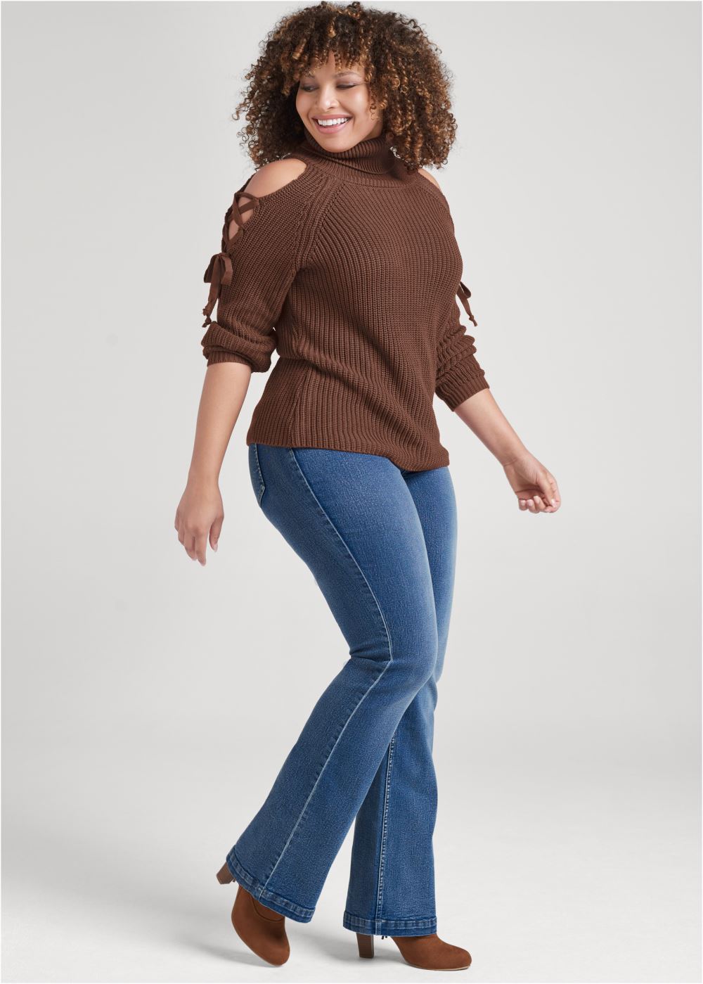 Venus Plus Size Cold Shoulder Turtleneck Sweater in Brown